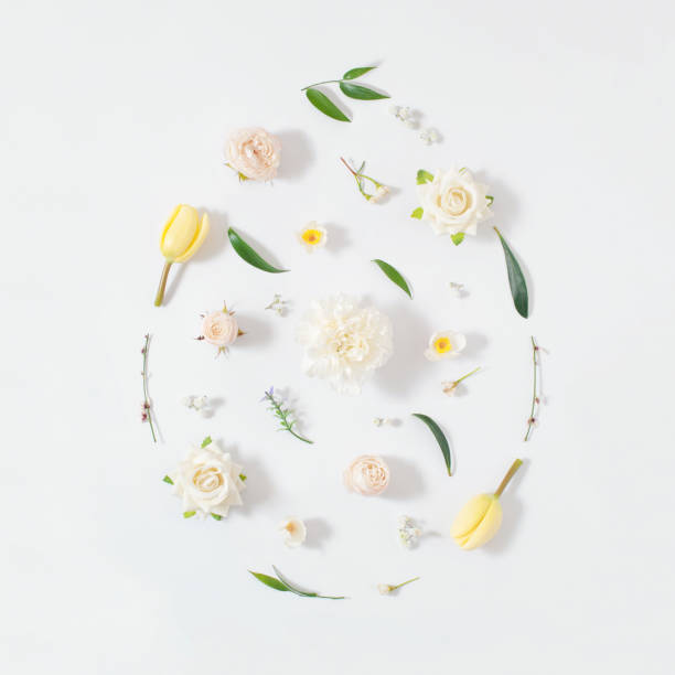 2021 Easter egg shape arrange from colorful  spring flowers and green leafs over white background.