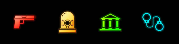 istock Set Pistol or gun, Flasher siren, Courthouse building and Handcuffs icon. Vector 1307798499