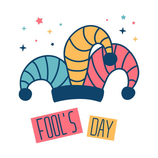 April Fools Day vector doodle card. Colorful illustration of jester's cap with text Fool's Day. Circus clown Harlequin hat isolated for design April Fools Day vector doodle card. Colorful illustration of jester's cap with text Fool's Day. Circus clown Harlequin hat isolated for design poster, flyer, card, banner, holiday party announcement april fools day stock illustrations