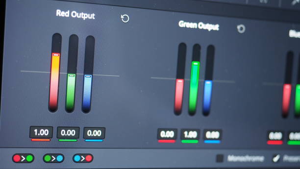 Color grading graph or RGB colour correction indicator on monitor in post production process. Telecine stage in video or film production processing. for colorist edit or adjust color on digital movie. gráfico de clasificación de color o indicador de corrección de color rgb en monitor en proceso de postproducción. etapa telecine en procesamiento de producción de vídeo o película. para la edición colorista o ajustar el color en la película digita