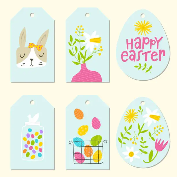 Vector illustration of Easter tags set. Cute colorful labels for spring holiday gifts.