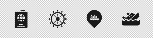 Set Passport, Ship steering wheel, Location with cruise ship and Sinking icon. Vector Set Passport, Ship steering wheel, Location with cruise ship and Sinking icon. Vector. sinking ship vector stock illustrations