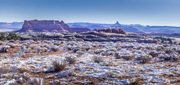istock Panoramic view over a scenic remote landscape in winter, 1307800443