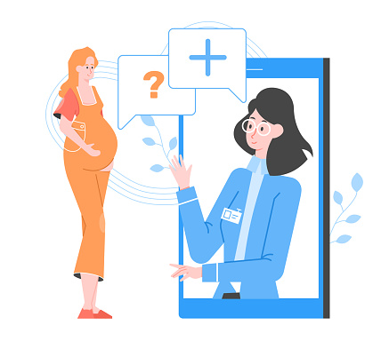 Pregnant woman on an online consultation with a doctor. Clinic in a mobile phone. Health care, pregnancy management, answers and questions. Vector flat illustration.