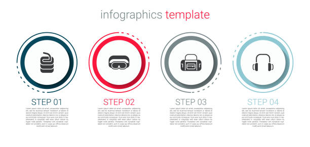 zestaw kamień do curlingu, gogle narciarskie, torba sportowa i słuchawki zimowe. szablon infografiki biznesowej. wektor - hockey mask audio stock illustrations