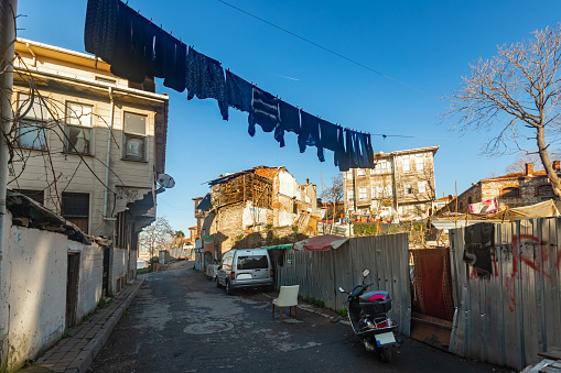 View of ramshackle houses in residential quarter Eminonu, Fatih district in Istanbul, Turkey. Shooting date 2021