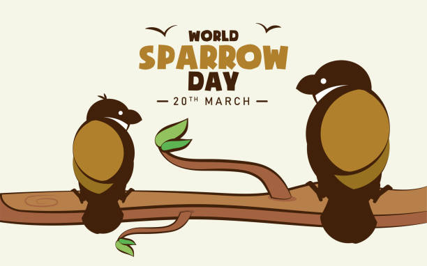 stockillustraties, clipart, cartoons en iconen met de poster van de dag van de mus van de wereld, landschap van vogels die op vector van de boomtakbeeldverhaalillustratie zitten - house sparrow