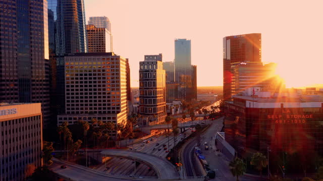 4K drone Video of downtown Los Angeles during sunset as a stablishing shot