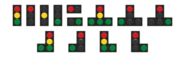 Vector illustration of Set of street traffic light lamp .Traffic lights illustration. Vector icons on white background. Red green and yellow signal.