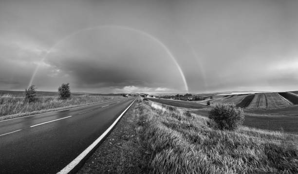 Grayscale. Spring rapeseed and small farmlands fields after rain evening view, cloudy pre sunset sky with rainbow and rural hills. Seasonal, weather, climate, eco, farming, countryside beauty concept.