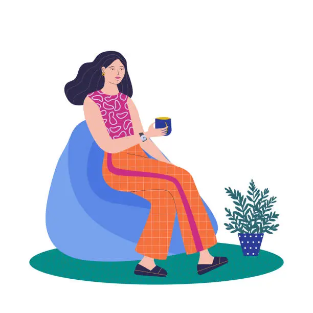 Vector illustration of Women sitting in ball chair and resting and drinking coffee.