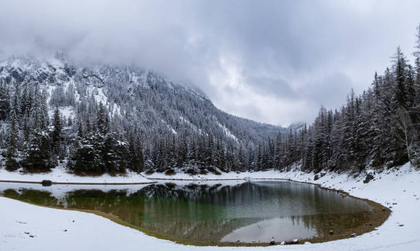 il lago verde gruner vede nuvoloso giorno d'inverno. famosa destinazione turistica. - gruner foto e immagini stock