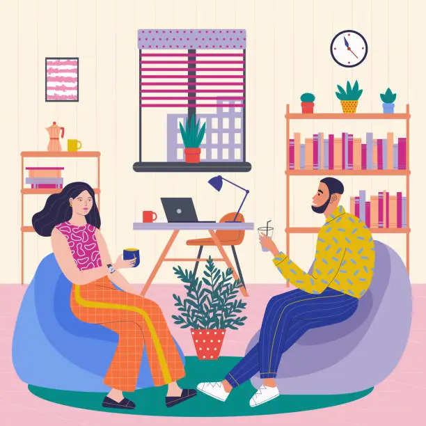 Vector illustration of Working office employees sitting  talking, resting and drinking.