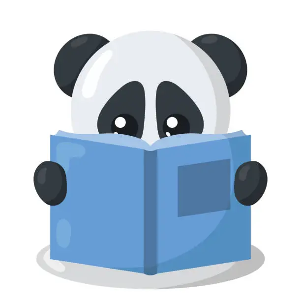 Vector illustration of Funny cute kawaii panda with book in flat design with shadows