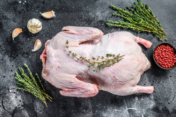 istock Raw free range goose with spices ready to cook. dark background. Top view 1307808705