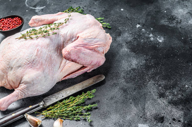 istock Raw free range duck with spices ready to cook. dark background. Top view. Copy space 1307808734
