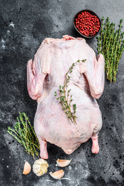 istock Raw free range duck with spices ready to cook. dark background. Top view 1307808748