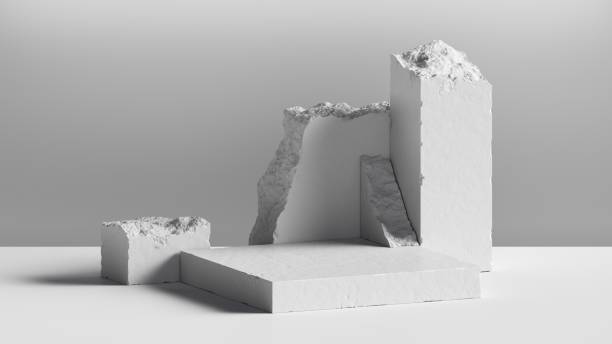 3d render, abstract background with white cobblestone blocks. modern minimal showcase scene with empty podium for product presentation - broken stones imagens e fotografias de stock