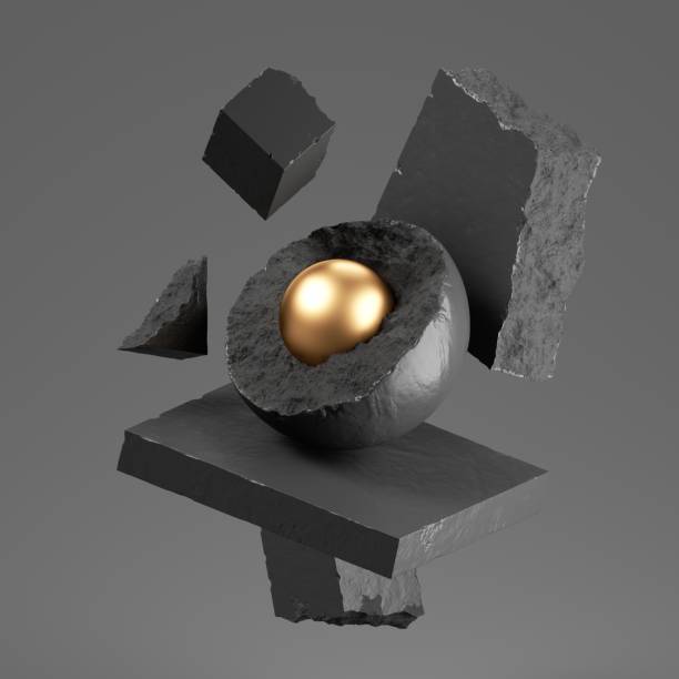 istock 3d render, abstract modern minimal background with concrete stone ruins, broken blocks and golden ball inside of broken stone hemisphere, levitating objects 1307808948