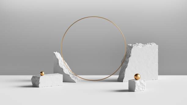 istock 3d render, abstract background with white cobblestone blocks and blank golden round frame. Modern minimal showcase for product display 1307808960
