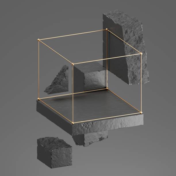 3d render, abstract gray geometric background with concrete stone broken blocks and golden cubic frame. Levitating objects