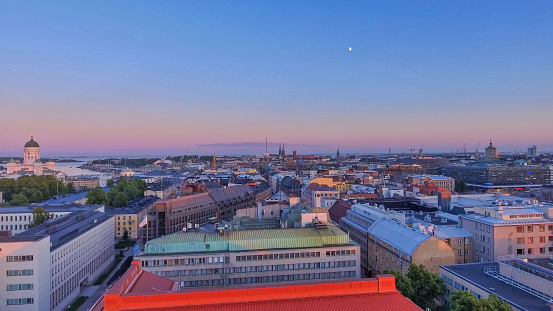 Aerial sunset view of Helsinki skyline from drone, Finland. Europe
