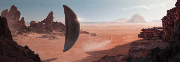 sci-fi in der wüste mit einem monolithförmigen raumschiff (alien), das auf der oberfläche der wüste ruht, und einem weiteren kleinen schiff, das sich dem horizont nähert - pyramid shaped stock-fotos und bilder