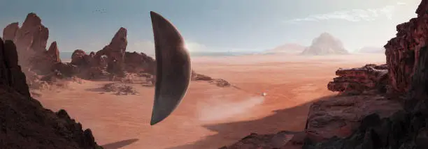 Photo of SCI-FI in the desert with a monolith-shaped spaceship (alien) resting on the surface of the desert and another small ship heading towards the horizon