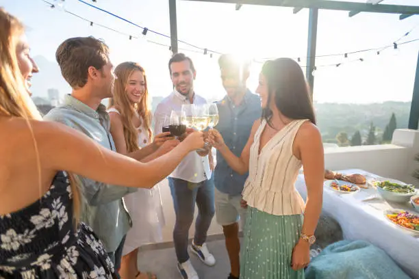 A group of friends toasting with red and white wine outdoors on a rooftop. There is a table with food in the background. They are smiling and happy in the sunlight.