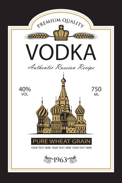 template vodka label template vodka label with Basil Cathedral in retro style moscow stock illustrations