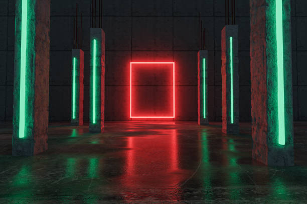 istock 3d rendering of red lighten rectangle shape next by green concrete pillars and grunge floor with puddles 1307817472