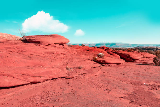 Dreamy winter landscape in Utah with red rocks and the Rocky Mountains in the background