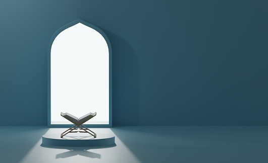 3D rendering sunlight dome window ramadan kareem with moon star al quran and stairs