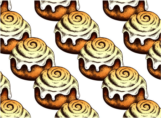 Vector illustration Sketch drawing pattern with brown cinnamon rolls isolated on white background. Pastry, bakery, cafe wallpaper. Sweet food. Cinnamon bun with icing sugar. Danish, Swedish dessert. Vector illustration cinnamon roll stock illustrations