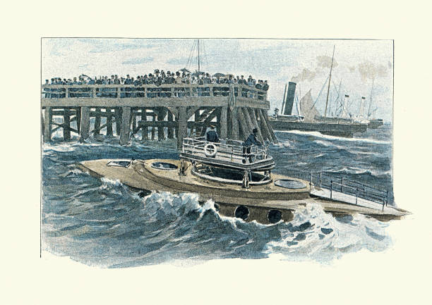 Vintage illustration of an early submarine boat, Victorian, 1890s, French, 19th Century.  from La premiere traversee d'un bateau poisson, par Emile Gautier