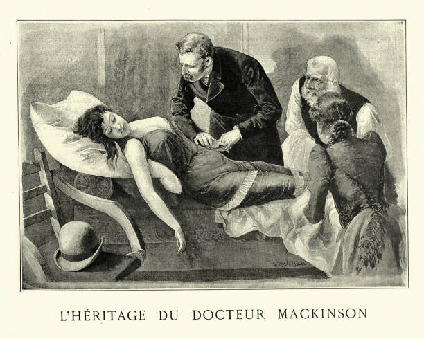 Victorian doctor checking pulse of a young woman, 1890s Vintage illustration of an Victorian doctor checking pulse of a young woman, 1890s, 19th Century chaise longue woman stock illustrations