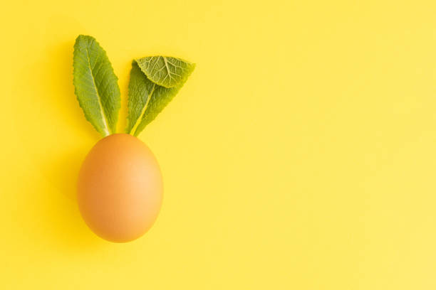 istock Minimal Easter concept made with an natural egg with leaves above it on yellow background against creative negative copy space. Top view. 1307824054