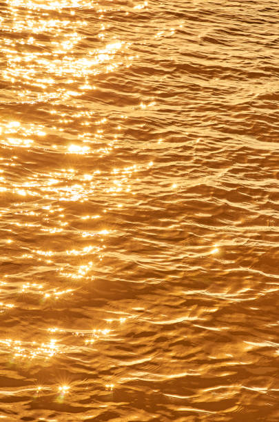 istock Shiny yellow-orange sunset light reflected in rippled water surface background 1307828230