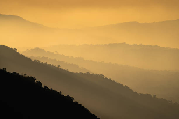 nature landscape view, mountain layers sunset in gold yellow color, concept of freedom relax using for spa and natural healing therapy, sky sun light with hill scenic, travel outdoors - layered mountain peak summer light imagens e fotografias de stock