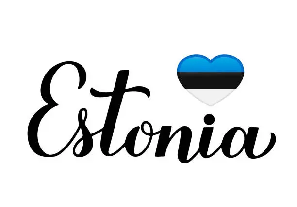 Vector illustration of Estonia calligraphy hand lettering isolated on white. Estonian flag in shape of heart. Easy to edit vector template for typography poster banner, flyer, sticker, shirt, postcard, etc