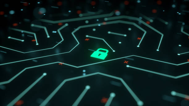 supervisión de seguridad tecnológica de alta tecnología, sistema de defensa de la protección de datos en la nube, fondo de tecnología futurista, renderizado 3d - encryption security network server network security fotografías e imágenes de stock