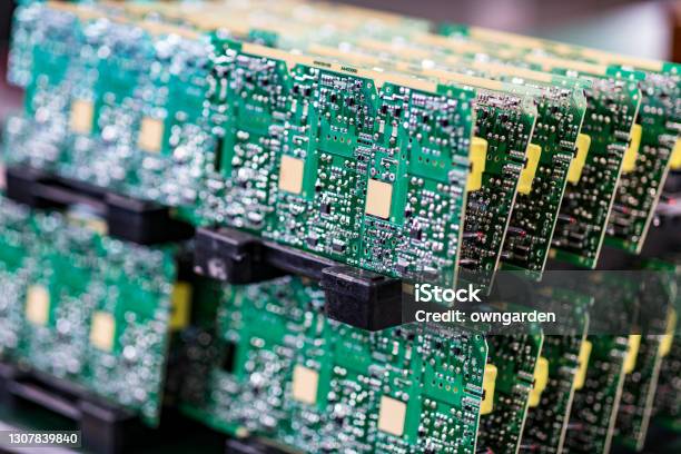 Circuit Board With Electronic Components Stock Photo - Download Image Now - Computer Chip, Circuit Board, Manufacturing