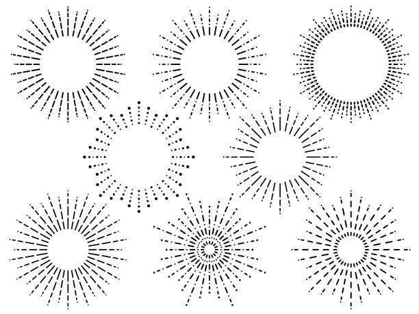 Dashed and dotted lines of circular sunburst frame set Set of dashed and dotted lines sunshine frames with blank copy space concentric stock illustrations