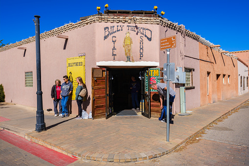 Mesilla, New Mexico USA - October 26, 2019: The gift shop across from the town square is the location of the courthouse sentencing of the famous outlaw Billy the Kid.