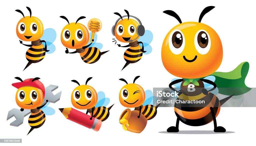 การ์ตูนชุดตัวละครผึ้งน่ารักกับประเภทที่แตกต่างกันของท่าทาง  ผึ้งน่ารักกับเครื่องแต่งกาย ภาพประกอบสต็อก - ดาวน์โหลดรูปภาพตอนนี้ - Istock