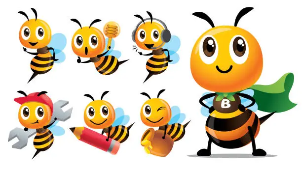 Vector illustration of Cartoon cute bee character series with different type of poses. Cute Bee with superhero costume, holding pencil, holding honey dripper and honey pot, holding spanner - mascot set