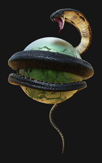 King Cobra Snake Around Planet Earth - Globe Map Symbolizing Danger Isolated on Dark Background with Clipping Path. 3d Illustration