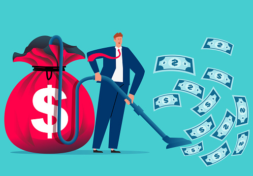 Conceptual illustration of making money and profit, businessman holding a vacuum cleaner and sucking money into the money bag
