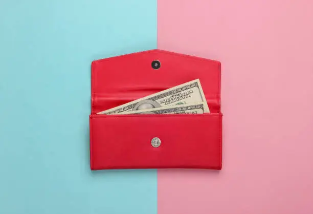 Photo of Red leather wallet with dollar bills on pink blue pastel background. Top view