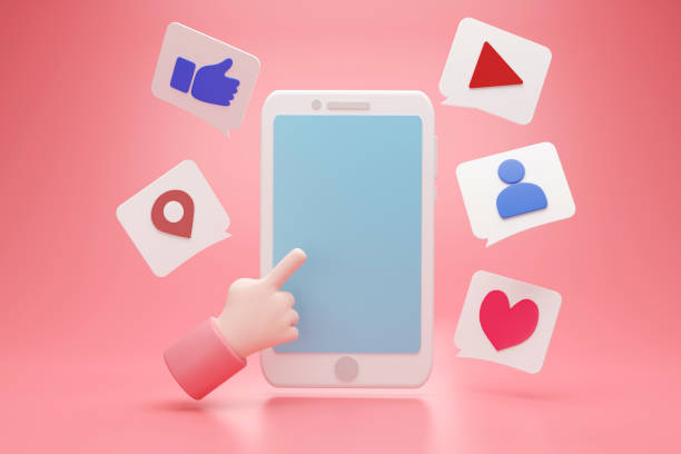 istock Social media with hand pointing to empty blue display space for text advertising and icon box sign, 3d rendering 1307857992